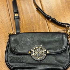 Tory Burch Black and Gold Pebbled Leather Mini Crossbody Bag